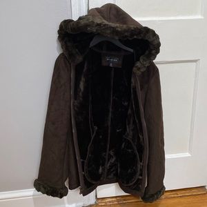Brown, hooded winter jacket. Medium. Faux fur inside. Condition: new.